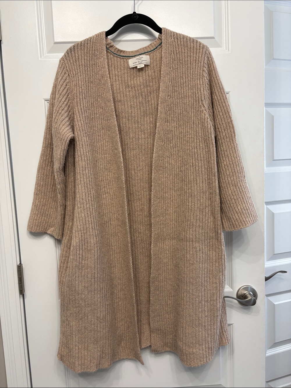 Trovata Birds of Paradis Beige Open-Front Ribbed Long Cardigan Duster Camel Hair